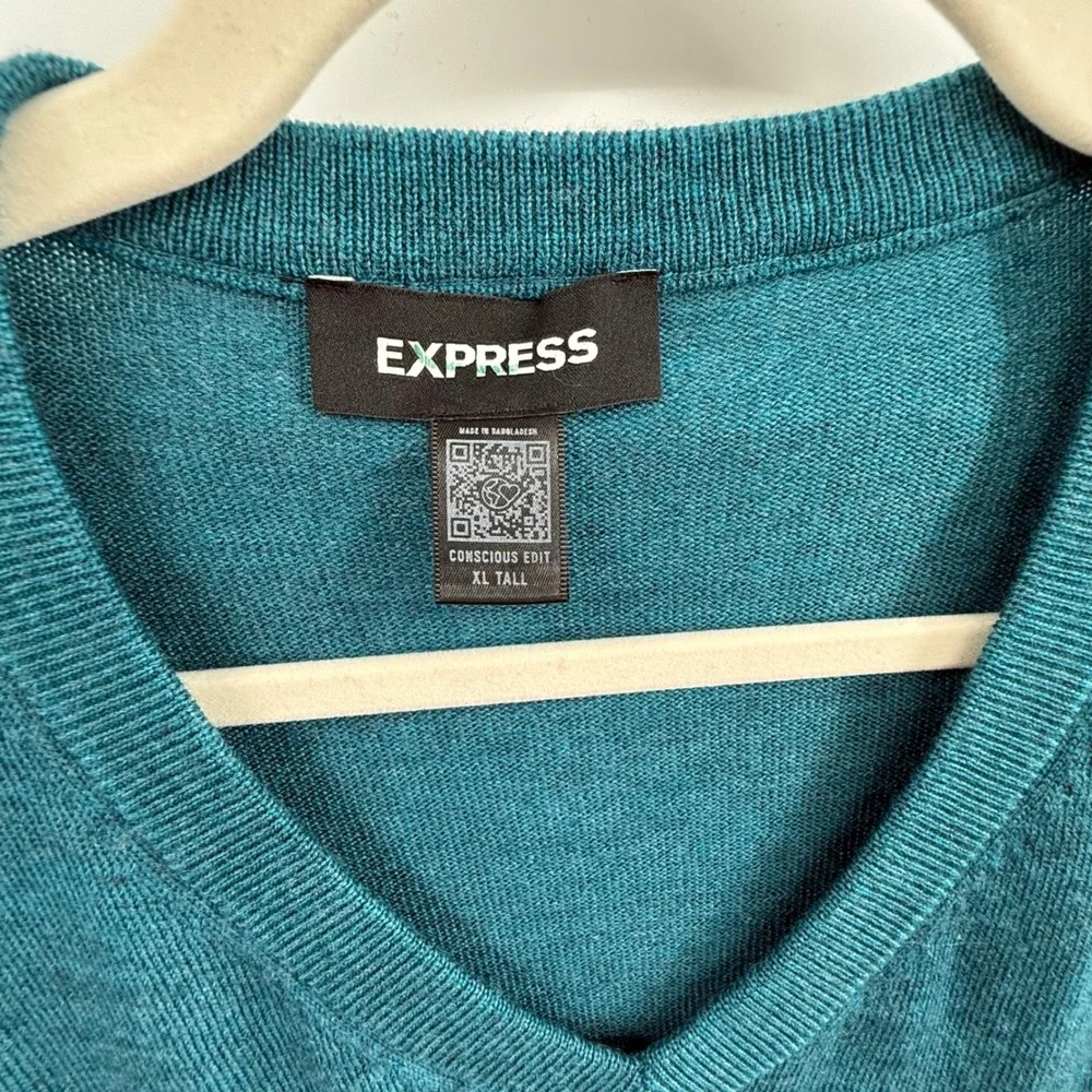 Express Merino Wool V-Neck Sweater Teal Blue Green Men's XL Tall‎ Lightweight
